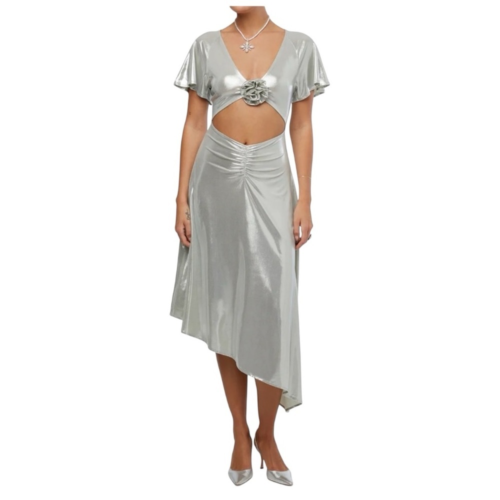 WeWoreWhat Asymmetrical Cutout MIDI Dress,
Liquid Foil Silver Size Small NWT